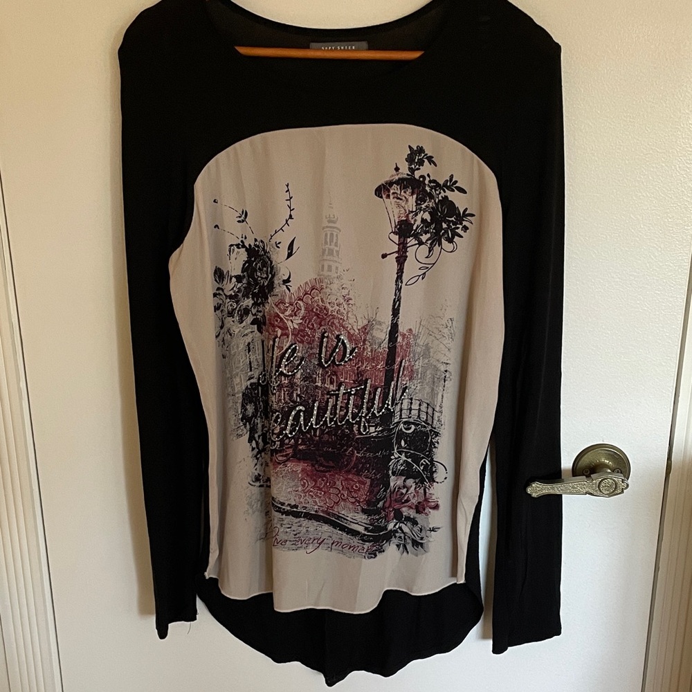 Suzy Shier Black and Cream Graphic Long Sleeve Top Size L